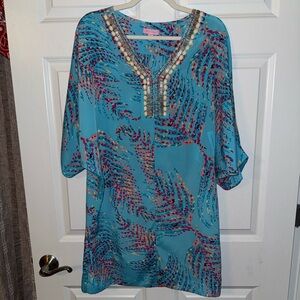 Vibrant Blue Tunic with Beaded Neckline